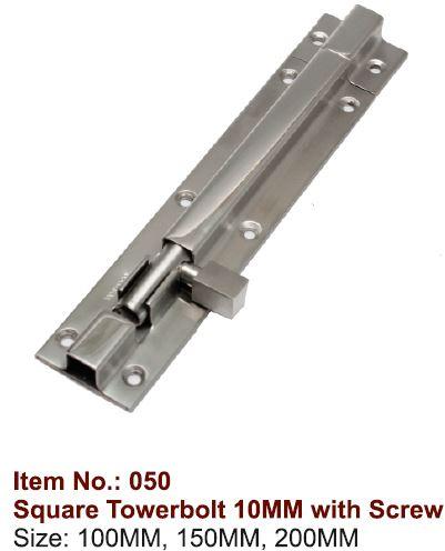 Silver 10mm Square Tower Bolt with Screw, for Door Fittings, Size : 100mm, 150mm, 200mm