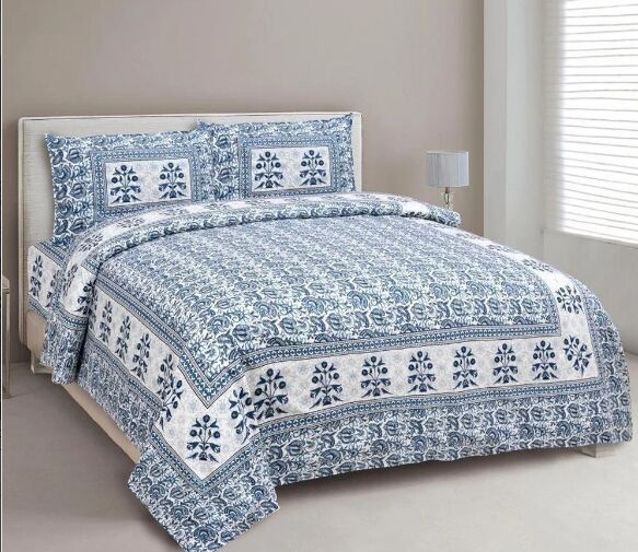 White Blue Jaipuri Cotton Bed Sheet