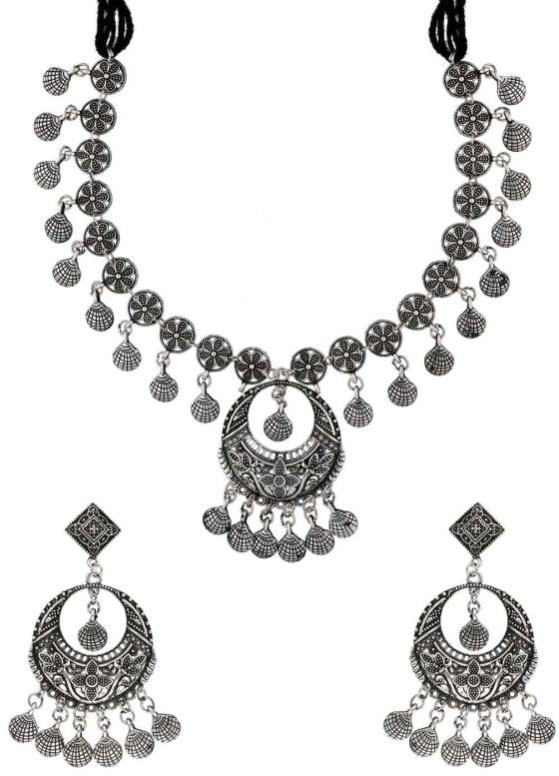 CNB31399 Silver Finish Oxidised Necklace Set, Packaging Type : Velvet Box