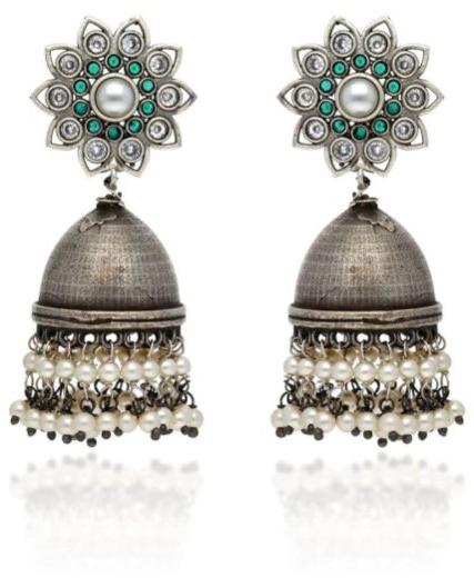 SIA369695 Silver Finish Oxidised Jhumka Earrings, Occasion : Party Wear