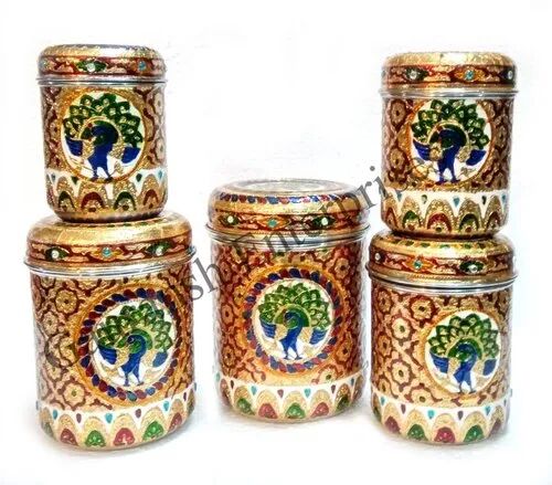 Cylindrical Meenakari Steel Boxes, Color : Golden