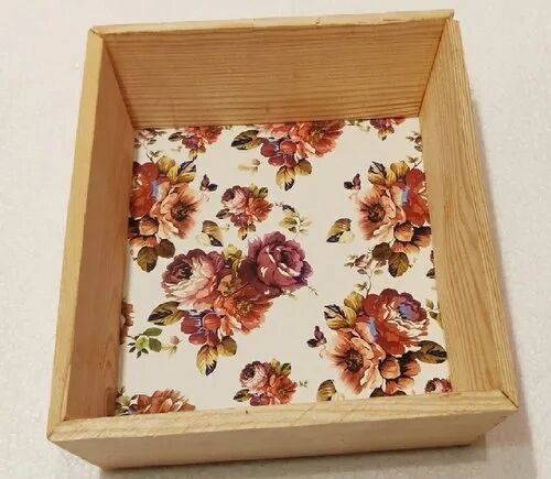 Floral Printed wooden tray, Size : 8*8 inch