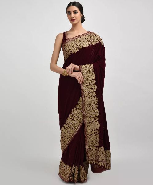 Embroidered Velvet Saree, for Fine Finish, Occasion : Party Wear