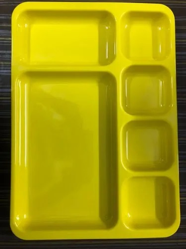 Yellow Rectangular Six Compartment Melamine Plate, for Home, Pattern : Plain