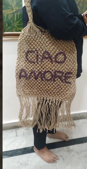 Jute Crochet Handbags, Size : 14*18*12 cm