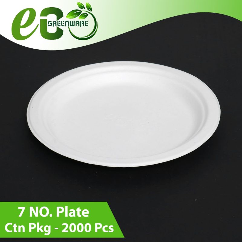 White 7 Inch Round Bagasse Plate, for Serving Food, Pattern : Plain at ...