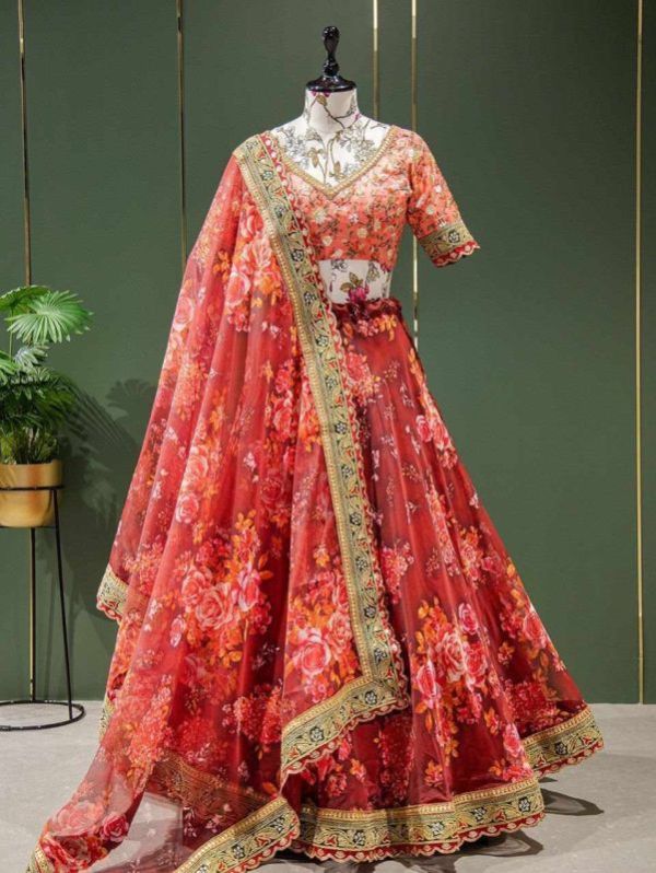 Organza Printed Sequins Embroidery Lehenga Choli with Dupatta