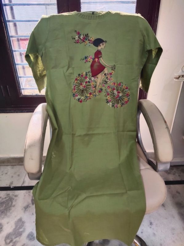 Green Hand Painted Cotton Kurti, Age Group : Adults