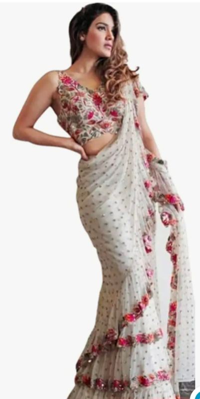 Stone Work Wedding Wear White Ruffle Georgette Saree, for Easy Wash, Anti-Wrinkle, Age Group : Adults
