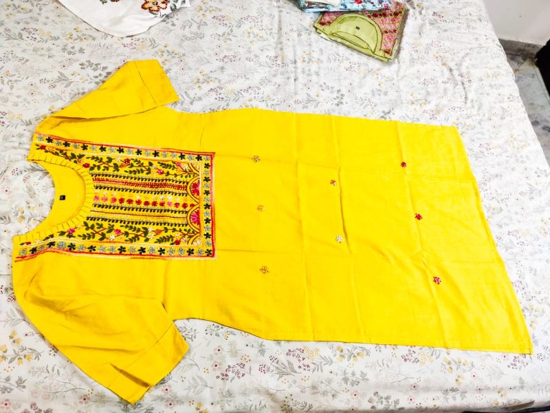 Yellow Cotton Embroidered Kurti, Feature : Shrink-Resistant