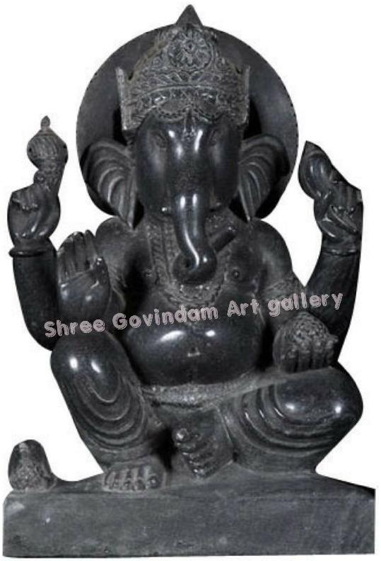 Polished Black Stone Ganesha Statue, for Home, Office, Shop, Packaging Type : Carton Box, Thermocol Box