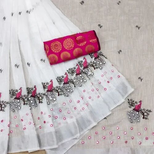 JACQUARD Unstitched Border Linen Embroidery Saree, Occasion : Party wear