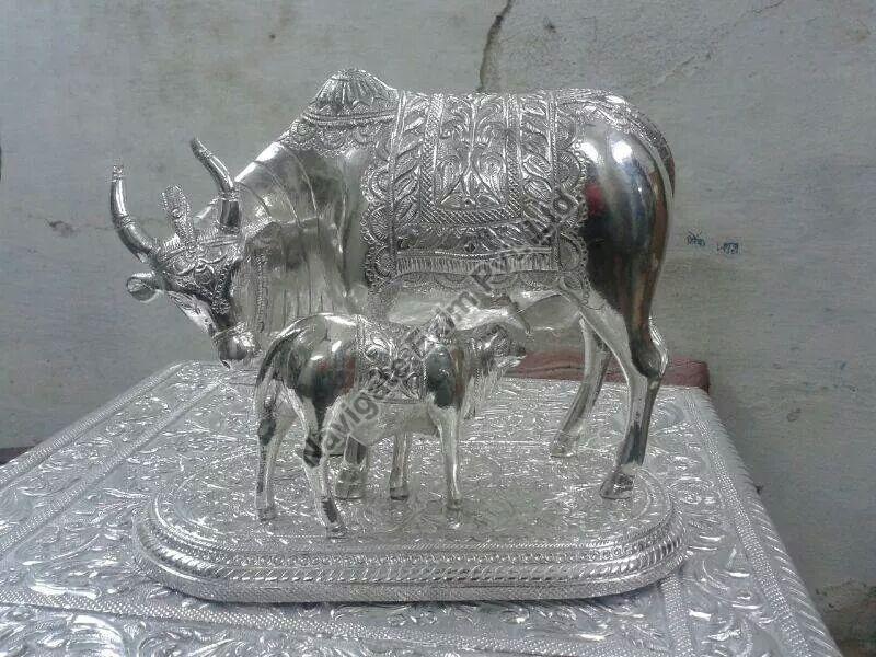 Silver Coated Cow with Stand Statue, for Decoration