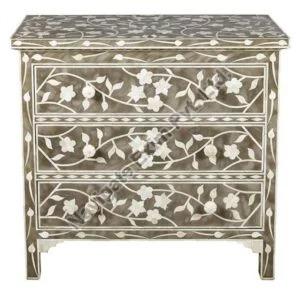 Wooden Bone Inlay Grey Chest of Drawer Dresser Floral Pattern