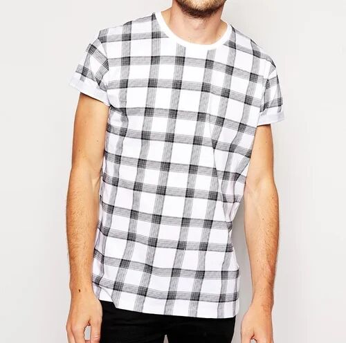 Half Sleeves Regular Mens Check Printed T-Shirt, Occasion : Casual Wear