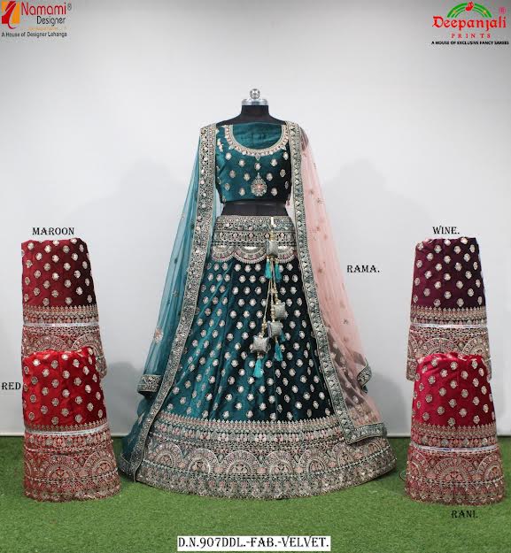 Rama Blue Velvet Bridal Lehenga, Size : Free Size