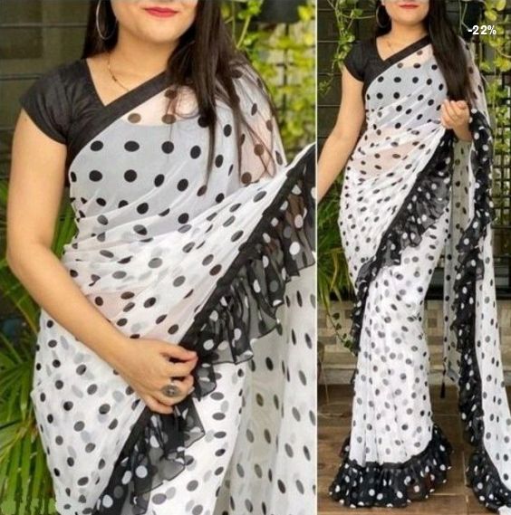 White & Black Printed Georgette Saree, Technics : Machine Made