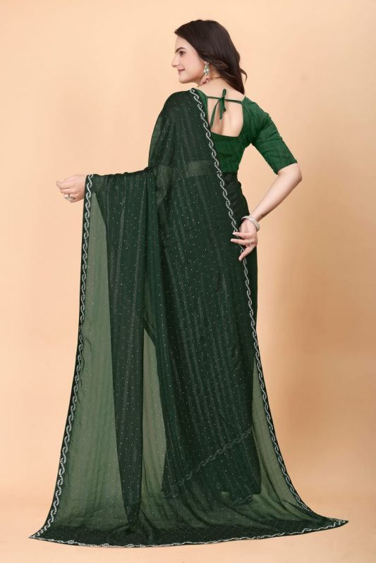 Green Rimzim Laying Zarkan Diamond Work Saree, Style : Modern