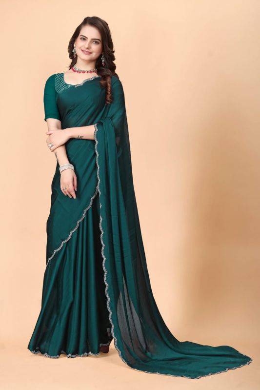 Satin Chiffon Zarkan Border Work Saree, Technics : Machine Made