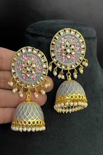 Gold Plated Kundan Jhumka Earrings, Style : Antique