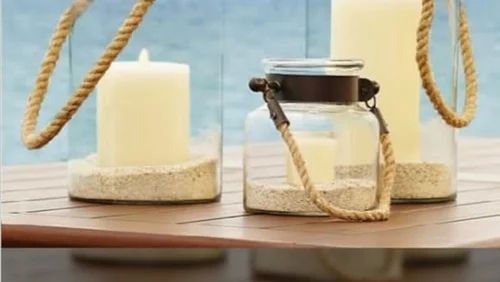 Transparent Rope Handle Candle Glass Jar, for Decoration, Shape : Round