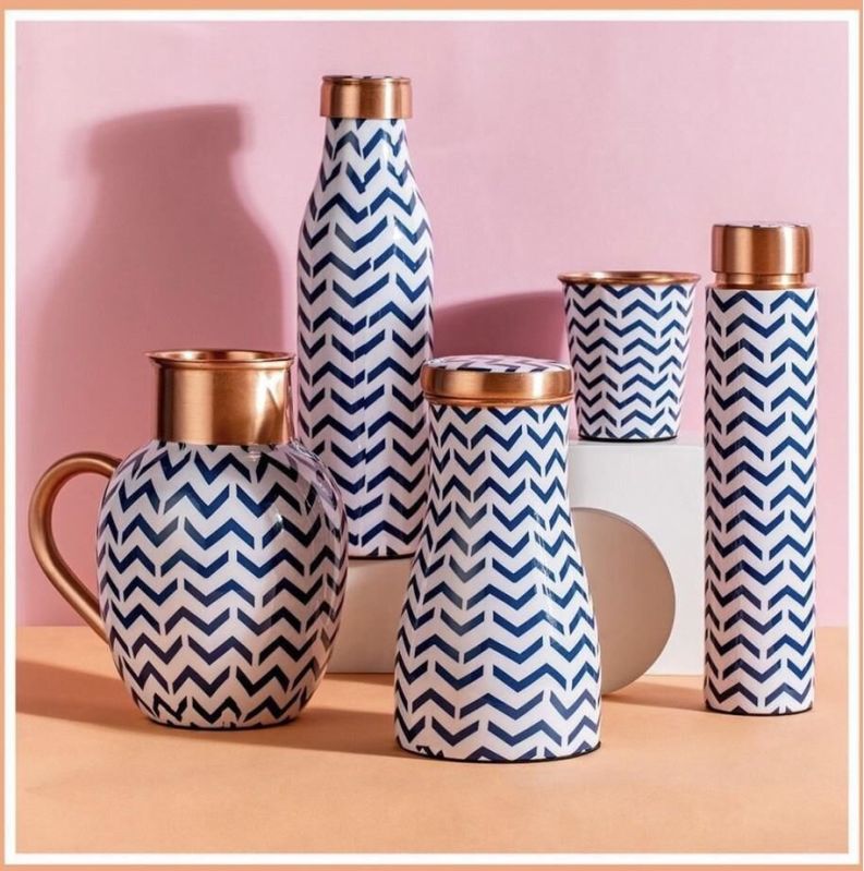 White And Blue Printed Copper Drinkware Set