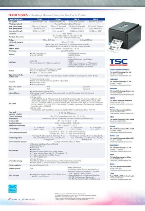 TSC TE44 Barcode Receipt Printer