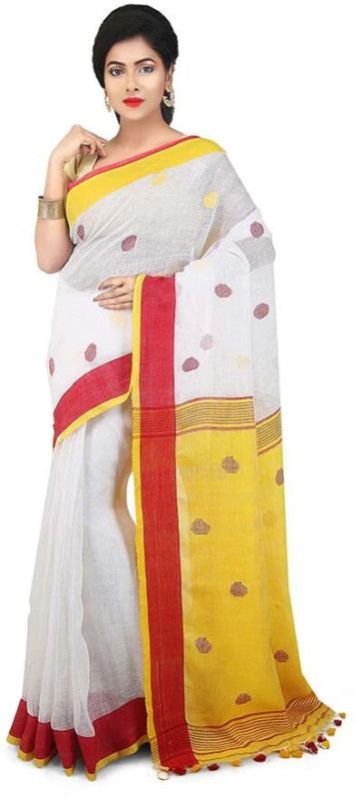 Designer Organic Linen Handloom White Bengali Saree