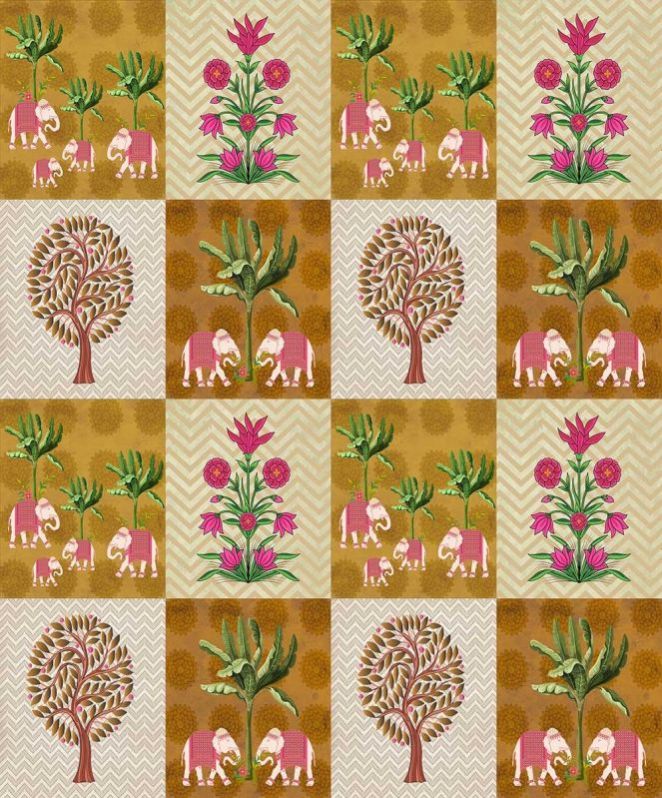 Bohemian Elephants Checks Wallpaper