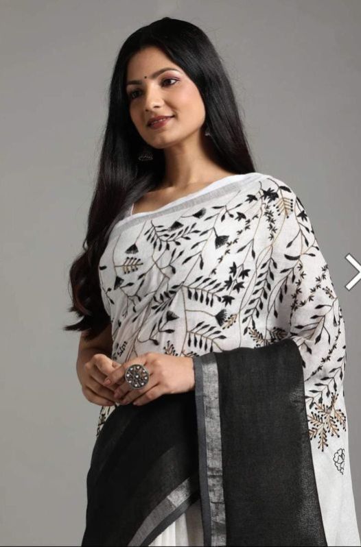 100% Pure Linen By Linen With Embroidery Design Saree