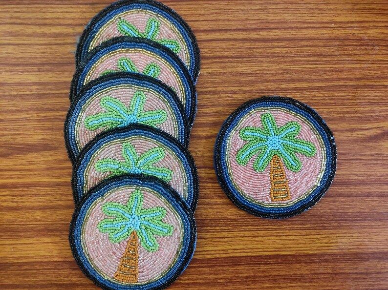 Handmade Blue Green Palm Leaves Themed Beaded Coasters