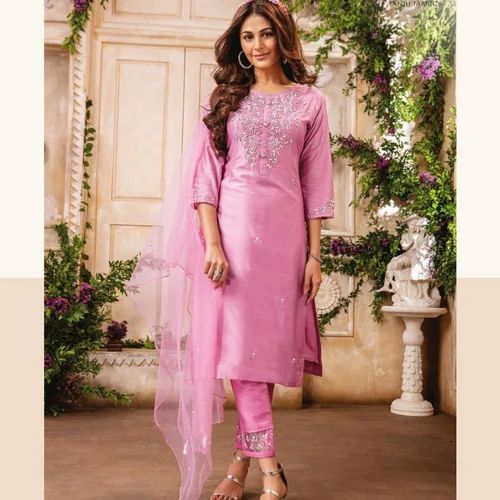 Pink Embroidered Chanderi Silk Suit