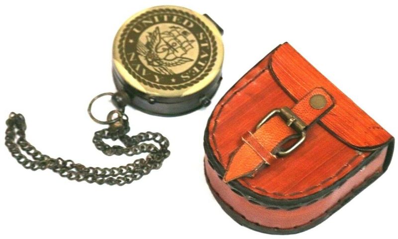 Antique Nautical Black Keychain Maritime Brass Compass With Leather Box