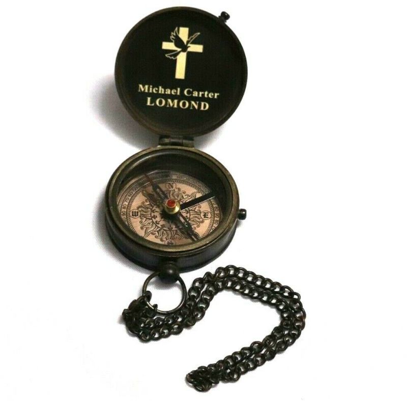 Antique Nautical Black Keychain Maritime Brass Compass With Leather Box