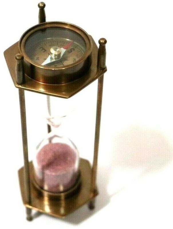 Antique Brass Sand Timer With Both Side Compass