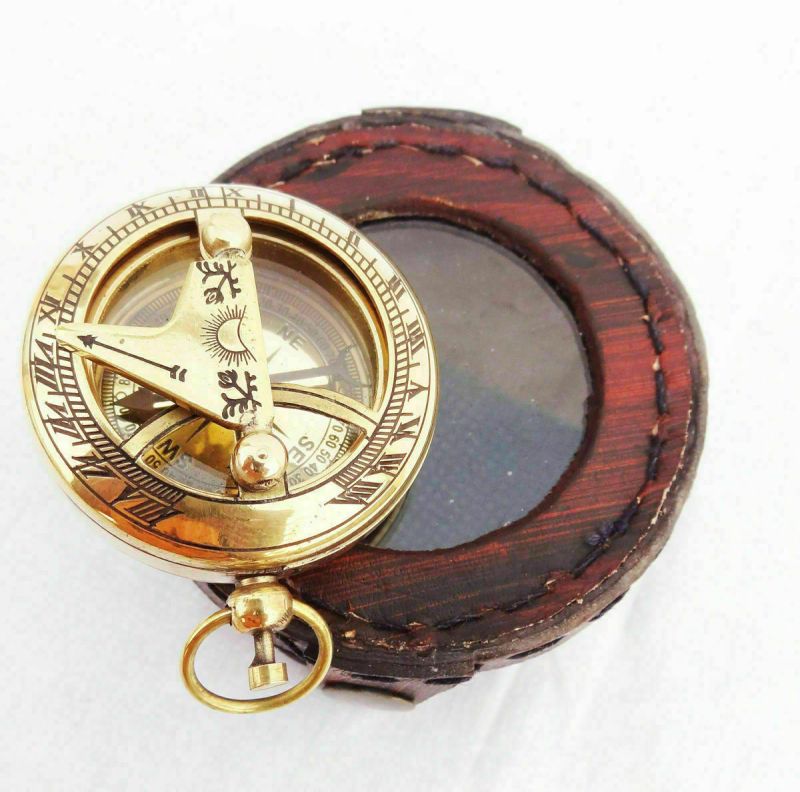 Brass Solid Push Button Sundial Compass With Leather Box