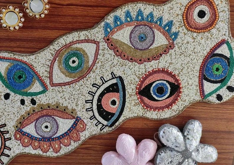 Handmade Evil Eye Beaded Table Runner
