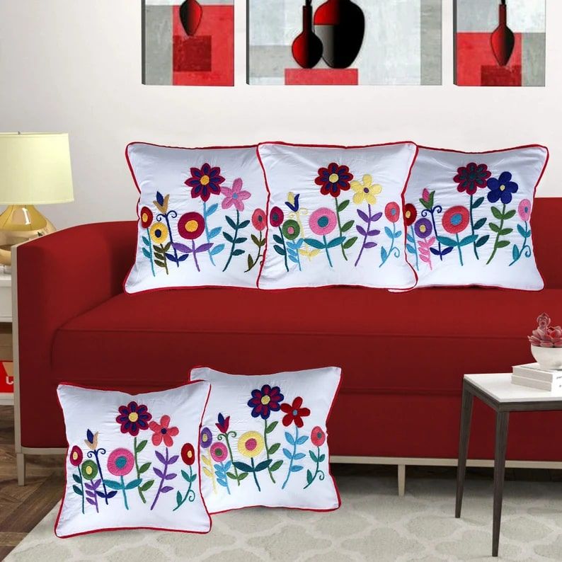 Handmade Multicolored Floral Embroidered Cushion Covers