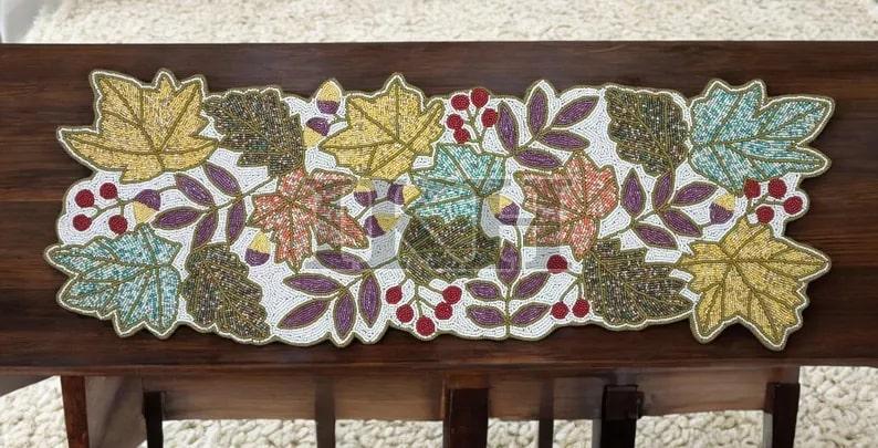 Handmade Maple Leaves Pastel Theme Beaded Table Runner