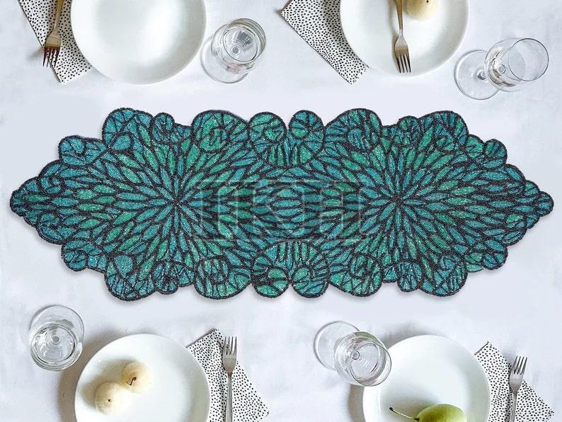 Emerald Blue Handmade Beaded Embroidery Table Runner