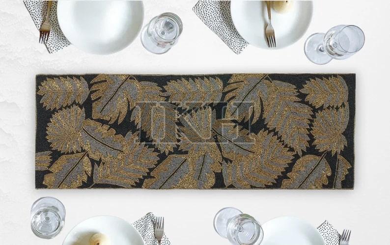 Handmade Tropical Palm Leaves Golden Black Beaded Table Runner