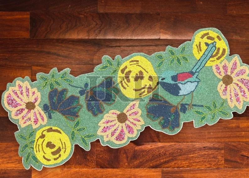 Handmade Vibrant Flower and Birds Theme Beaded Table Runner