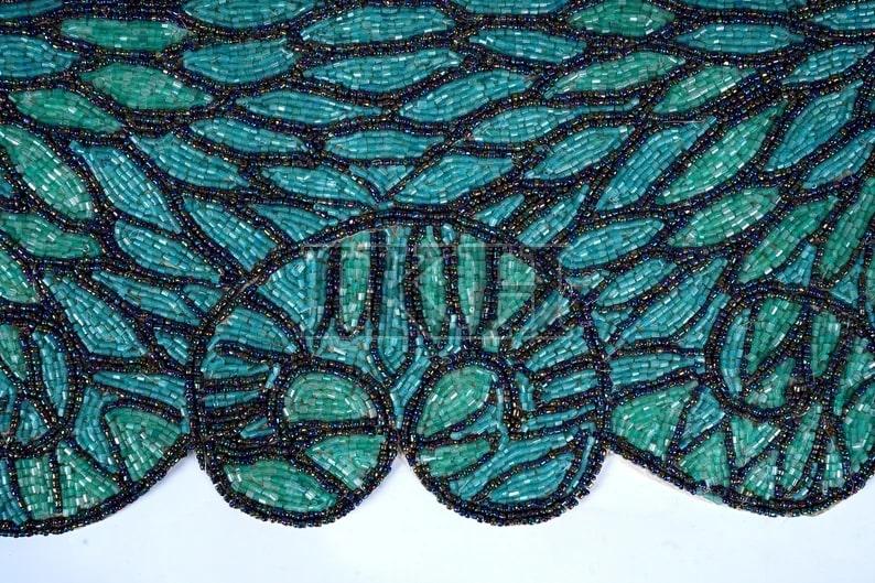 Emerald Blue Handmade Beaded Embroidery Table Runner