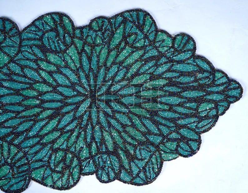 Emerald Blue Handmade Beaded Embroidery Table Runner