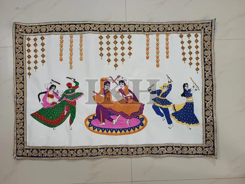 Navratri Dandiya Theme Handmade Embroidery Tapestry Wall Hanging