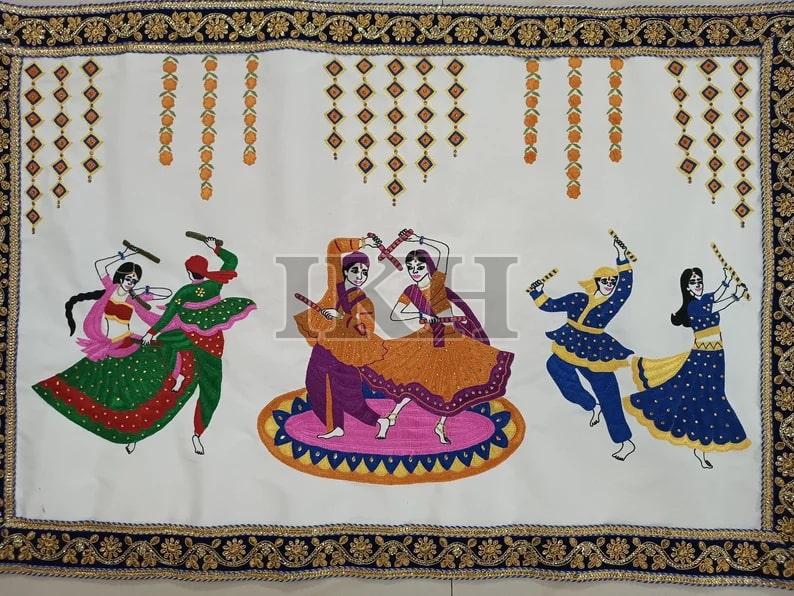 Navratri Dandiya Theme Handmade Embroidery Tapestry Wall Hanging