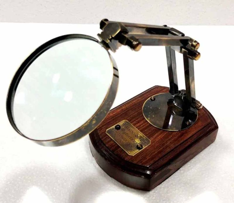 Brass Adjustable Magnifier With Wooden Base