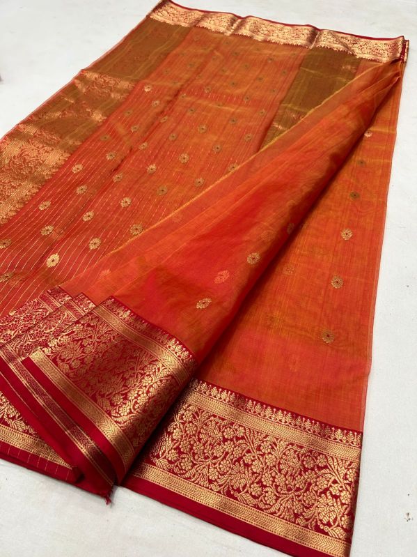 Orange Printed Chanderi Pure Silk Saree