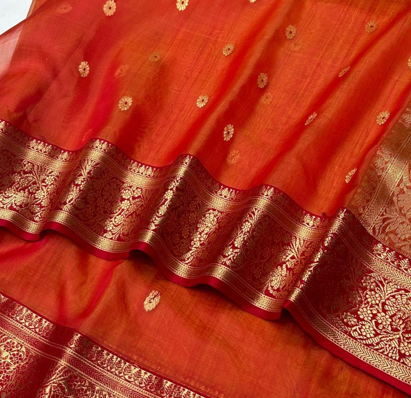 Orange Printed Chanderi Pure Silk Saree