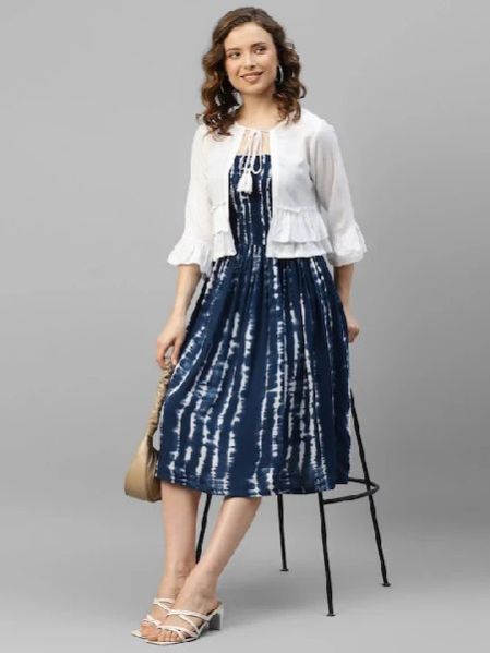 TIE & DYE SMOCKING DRESS WITH WHITE SHRUG